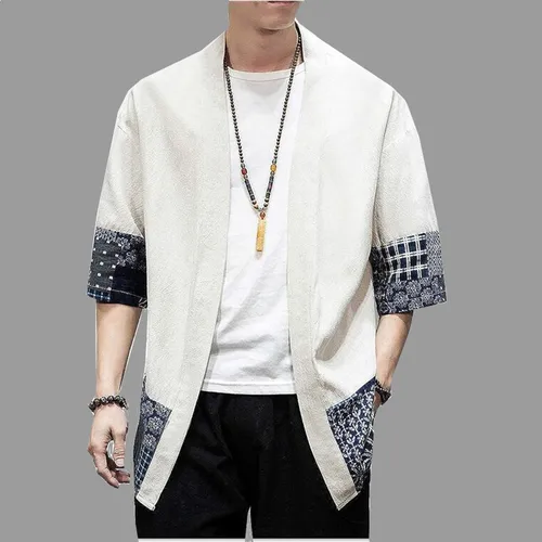 Imagen 1 del producto Cárdigan tipo kimono japonés para hombre, chaquetas holgadas de algodón y lino con manga 3/4 y parte delantera abierta, informal, para verano