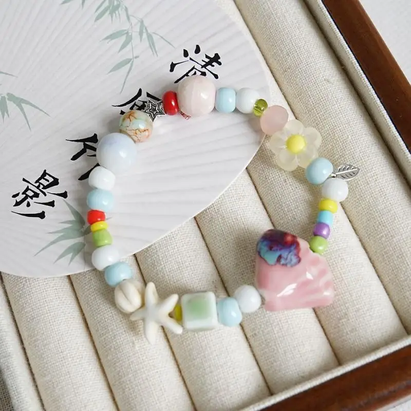 

Colorful Ceramic Shell Starfish Beaded Bracelet For Women Boho Fish Beads Braided Rope Chain Beach Party Jewelry