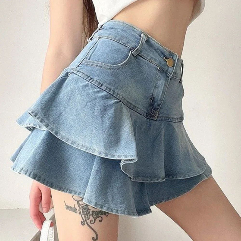 Frühling Sommer doppellagiger gekräuselter Denim-Kurzrock vielseitiger Kuchenrock hohe Taille schlankmachender, blendfreier, ultrakurzer Rock