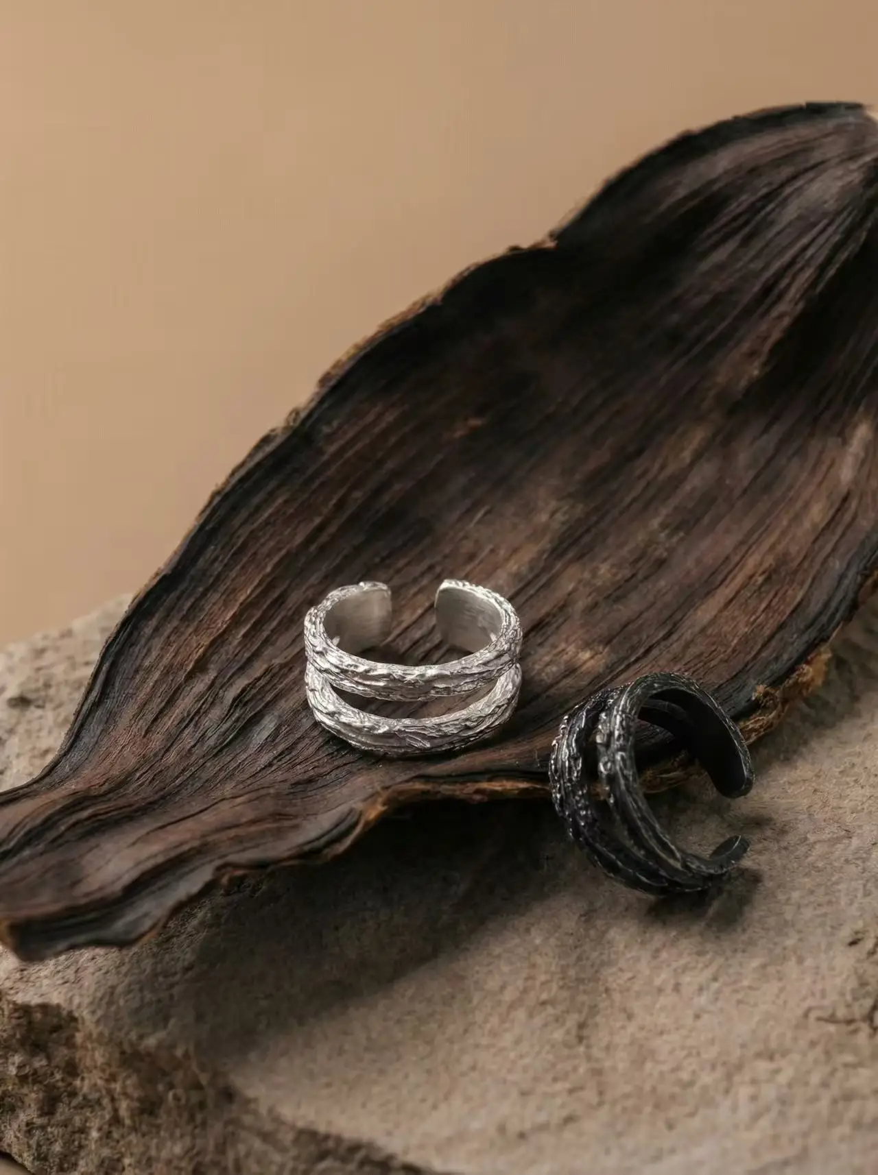 Handmade Texture Treebark Pattern 925 Silver Open Ring Couple Gifts Simple Style Neutral Casual Fashion Jewelry Accessories