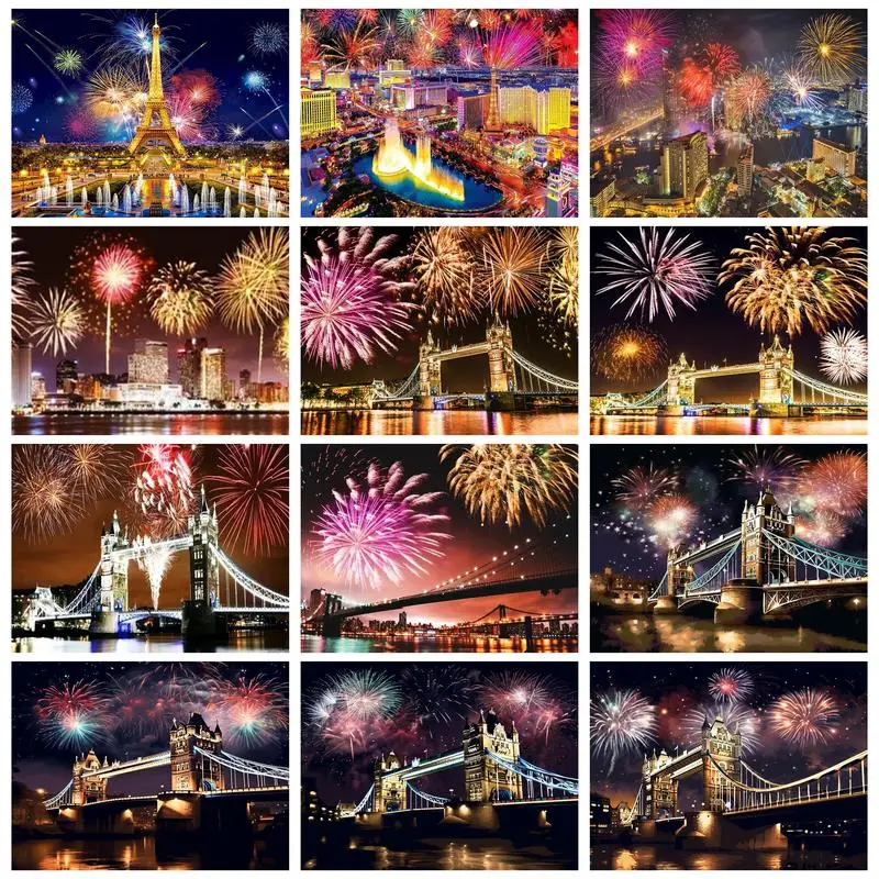 

RUOPOTY Frame Painting By Numbers For Adults Fireworks Bridge Paint By Number Night Landscape Modern Home Decoration Artcraft