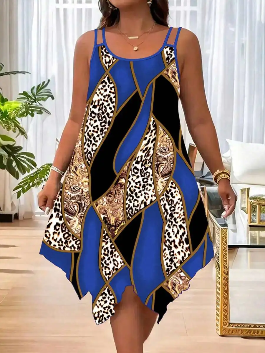 

Plus Size Women Casual Leopard And Patchwork Print Asymmetric Hem Cami Dress Summer Vacation