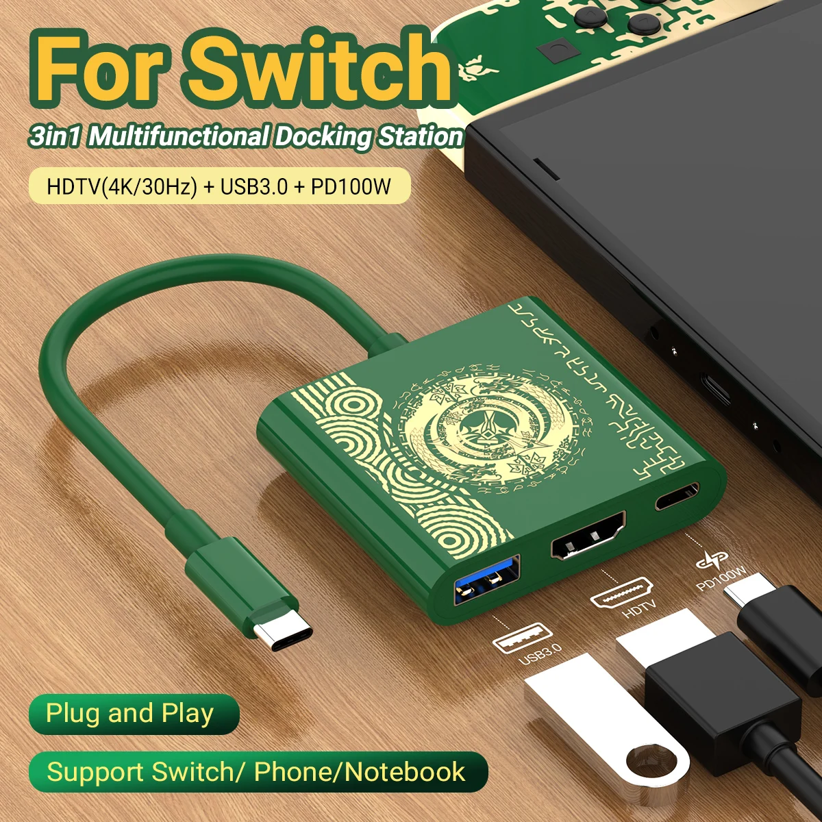 3 In 1 Switch TV Docking Station USB-C Game Hub With USB3.0 4K HDMI PD 100W For Laptop ，Nintendo Switch/Nintendo Switch OLED