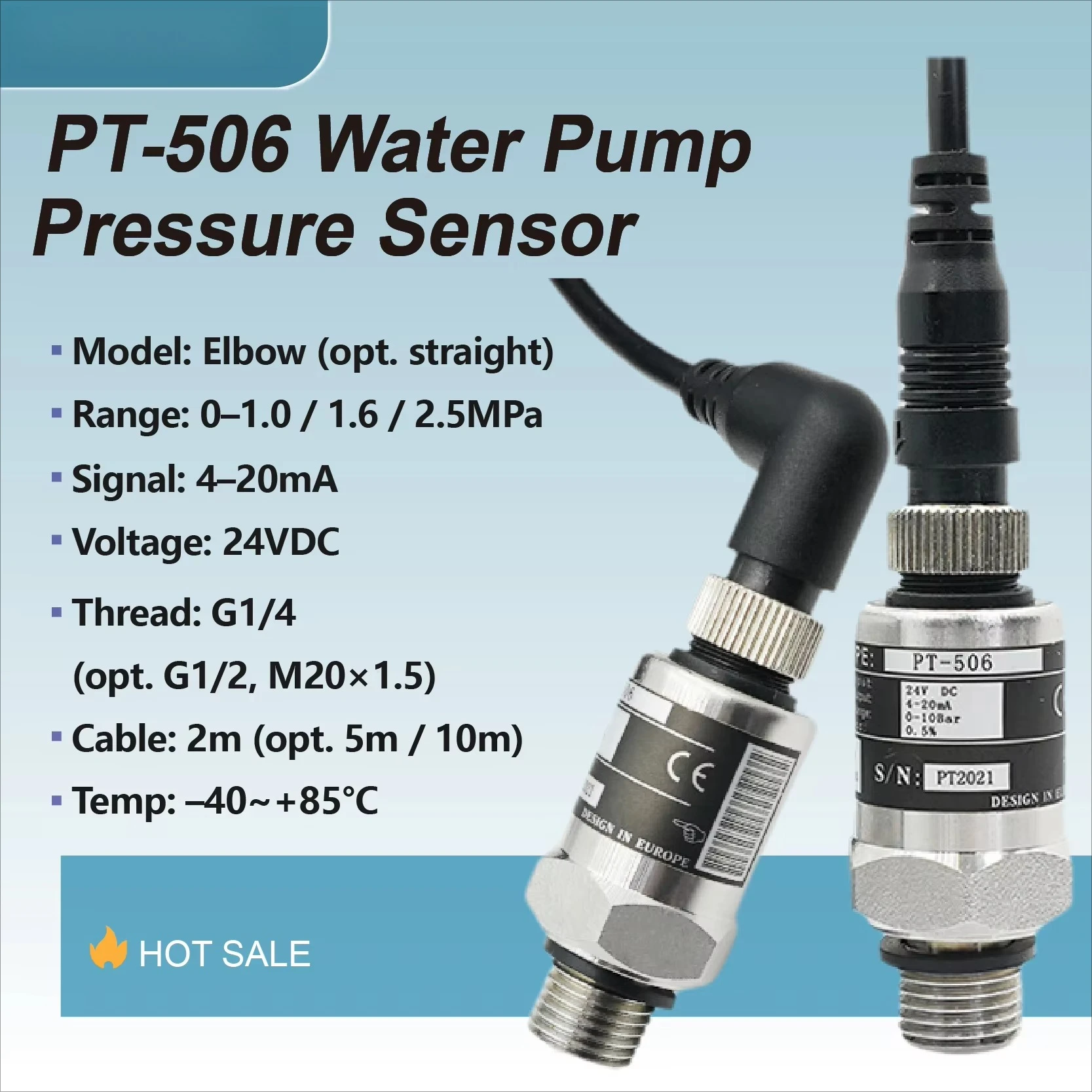 Water Pump Pressure Sensor Transmitter 0-2.5MPa 4-20mA 24VDC G1/4 Elbow Hydraulic Booster Stainless Steel IP67