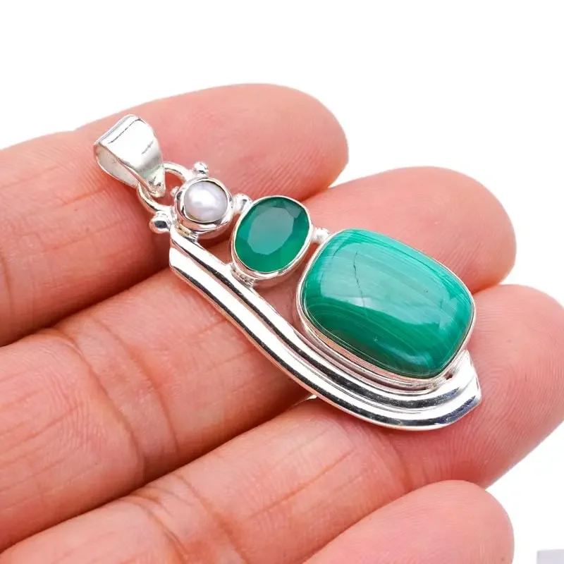 

Hesy® Natural Malachite Chrysoprase And River Pearl Handmade 925 Sterling Silver Pendant 1.75" F4113