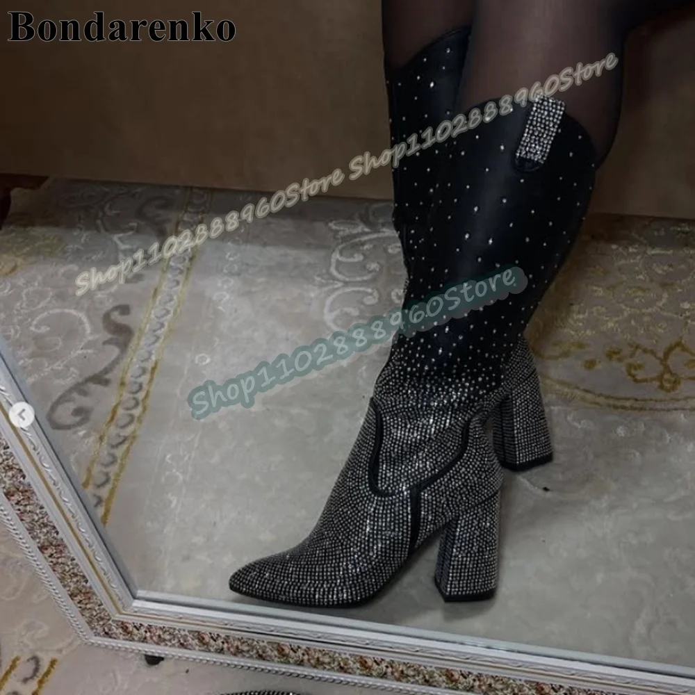 

Occidental Bling Knee High Black Crystals Boots Chunky High Heel Shoes For Women Side Zipper Pointed Toe Party Sparkling Boots