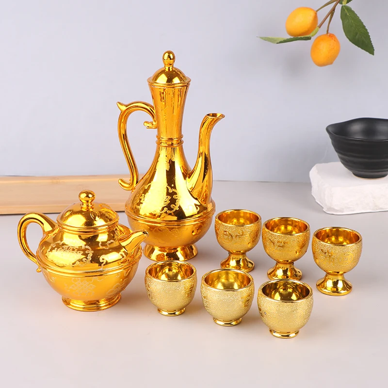 Wine Kettle Coffee Pot Set Vintage Wine Glasses Jug Exquisite Tea Pot Golden Teapot Household Classic Temple Offering Cup