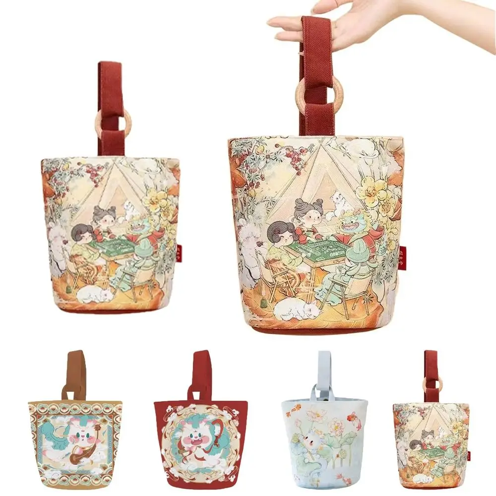 

Холщовая Сумка-ведро с кошкой и драконом, Вместительная женская сумка с рисунком в виде рыбок и цветов, мультяшная Холщовая Сумка-тоут для покупок