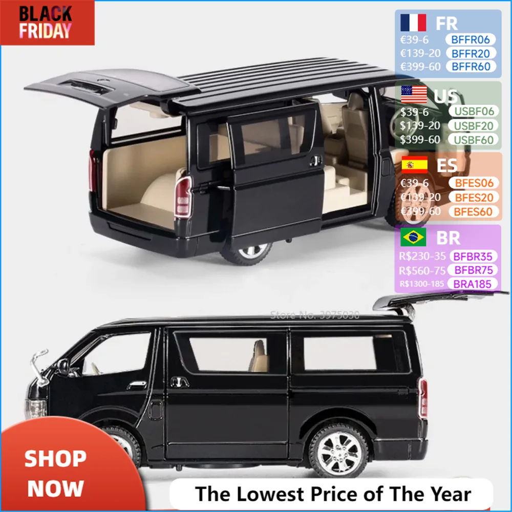 1:32 Toyota Hiace MPV Zinc Alloy Car Model Toys Diecast Van Simulated Business Vehicles Light Sound Toys For Boys Birthday Gifts