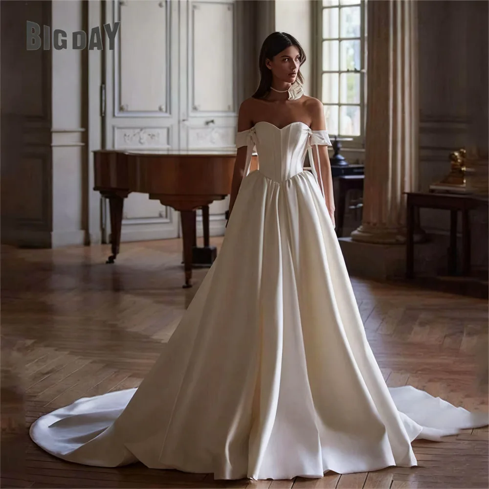 

BIGDAY Sweetheart Off The Shoulder A-Line Satin Wedding Dress Women 2025 Pleat Bows Open Back Gown Vestido De Noiva Customized