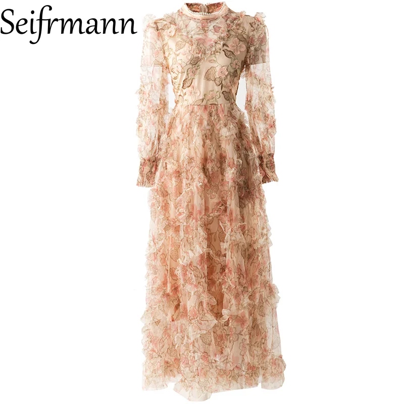 

Seifrmann 2026 Spring Women's New Fashion Pearl Stand Collar Long Sleeve Embroidered Mesh Waist cinching Dress