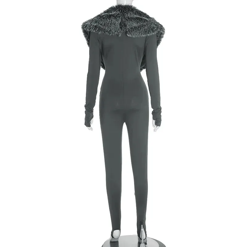 จั๊มพ์สูทรัดรูปเซ็กซี่สำหรับผู้หญิง คอปกขนเฟอร์เทียม แขนยาวเว้าข้าง ทรงเข้ารูป ชุดรอมเปอร์แบบชิ้นเดียว สำหรับงานปาร์ตี้และสตรีทแวร์ ฤดูใบไม้ร่วง ฤดูหนาว 2025
