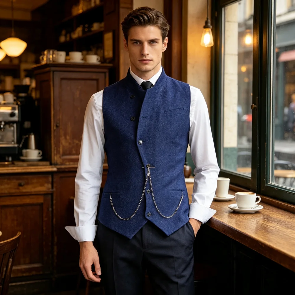Men's  Vintage Stand Collar Waistcoat Herringbone Tweed  Irregular Single Breasted  Formal Business Wedding Men's Vest