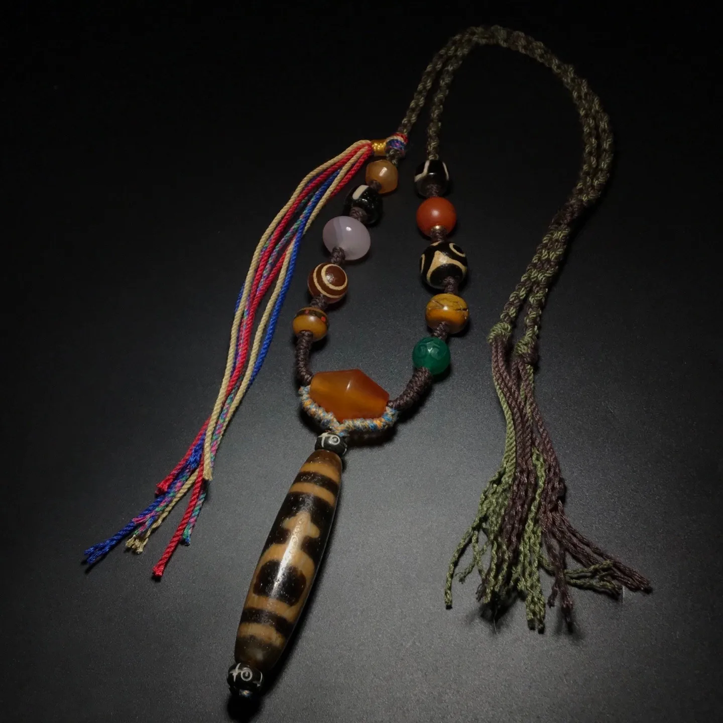 Tibetan Old Agate dZi Multiple patterns Aquarius Beads Amulet Necklace J0406