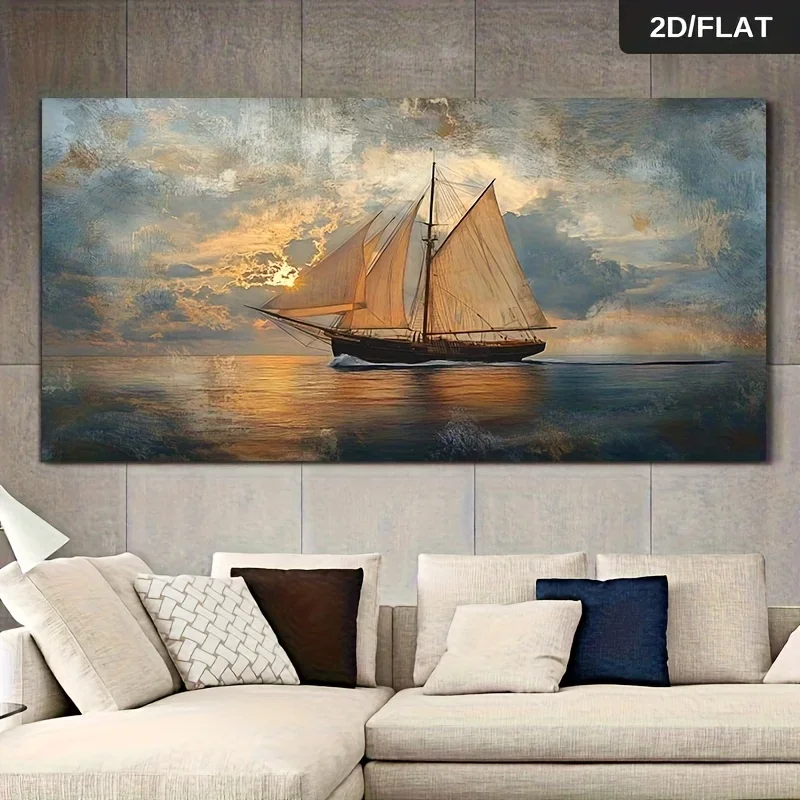 1pc frameless Canvas Painting 2D Flat Large Modern Sailboat Landscape Canvas Wall Art, Unframed Abstract Sailboat Wall Art Pr