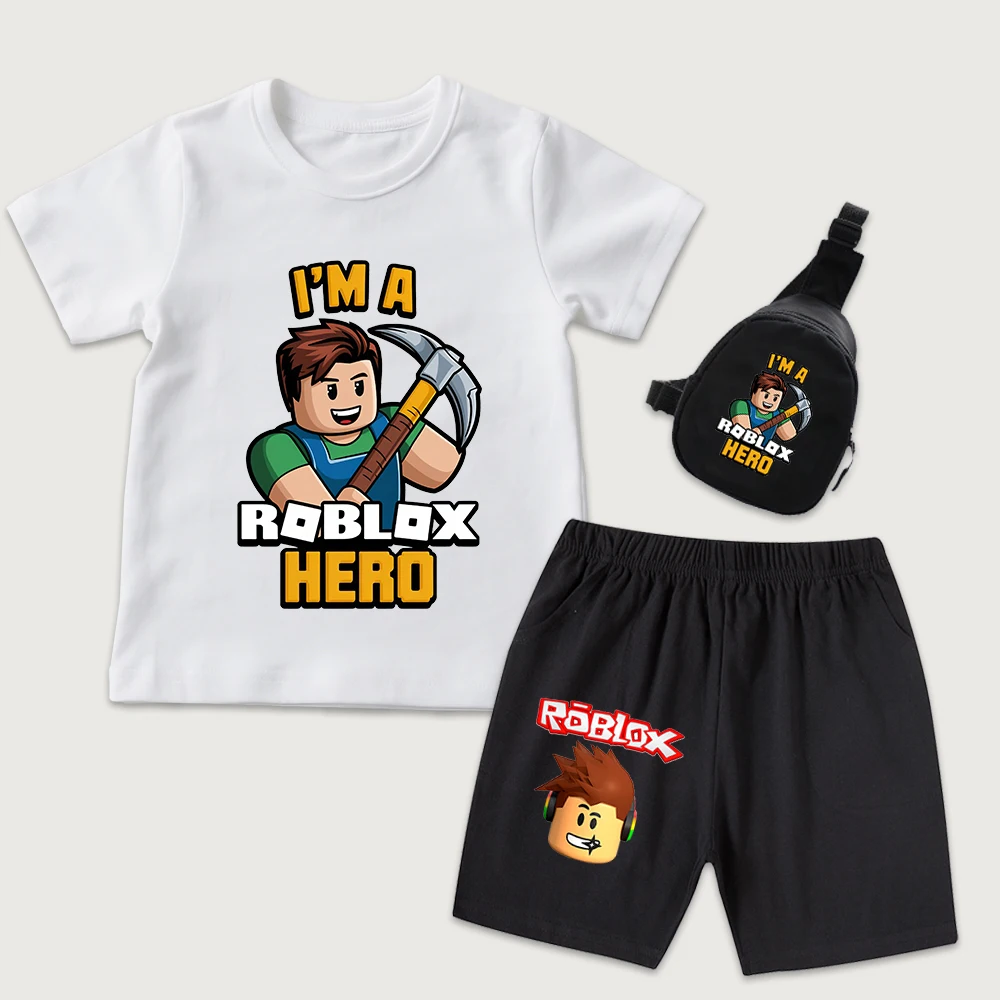 

Roblox Hero Pattern Childrens 3 Piece Set Cotton Tee Shorts And Small Crossbody Bag Unisex Boys Girls Summer Casual Kids Outfit