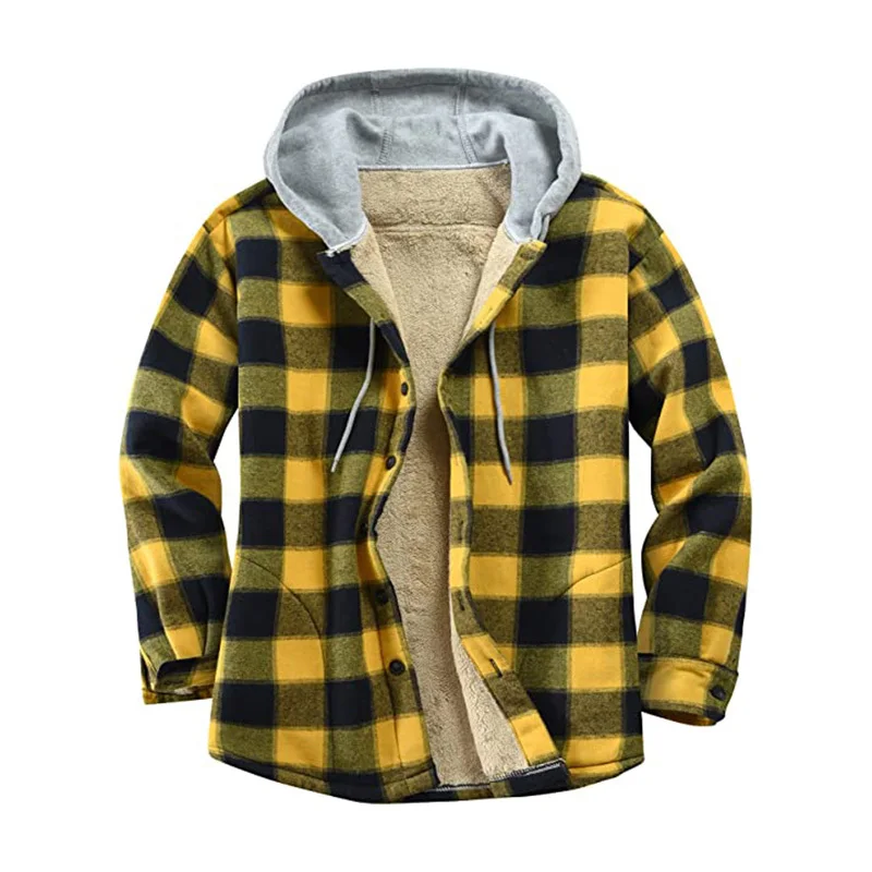 Men\'s Flannel Shirts Jacket Fleece Lined Plaid Coat Button Up Shirt Hoodie Winter Outwear