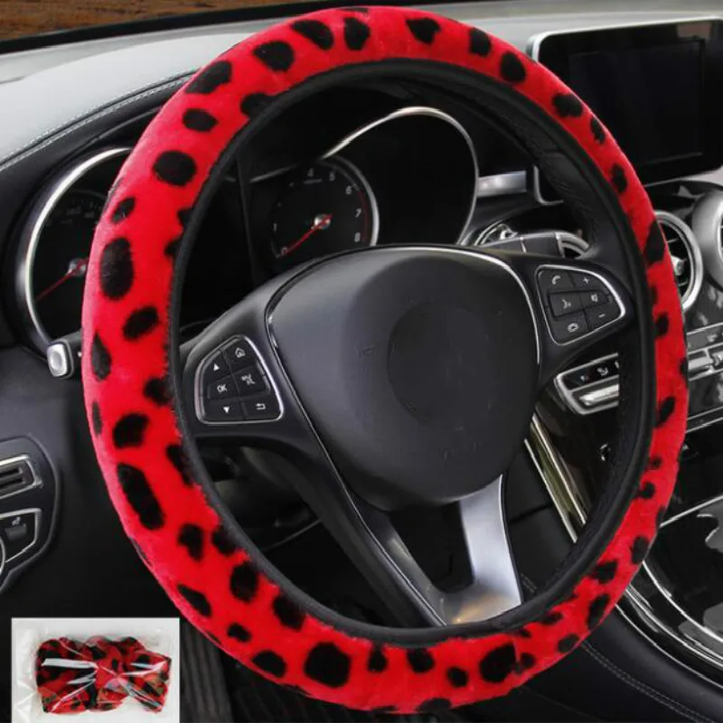 Leopard Steering Wheel Cover Print Plush Elastic Section Car Steering Wheel Braid Cover Auto DIY Car Accessories Anti-Slip Soft