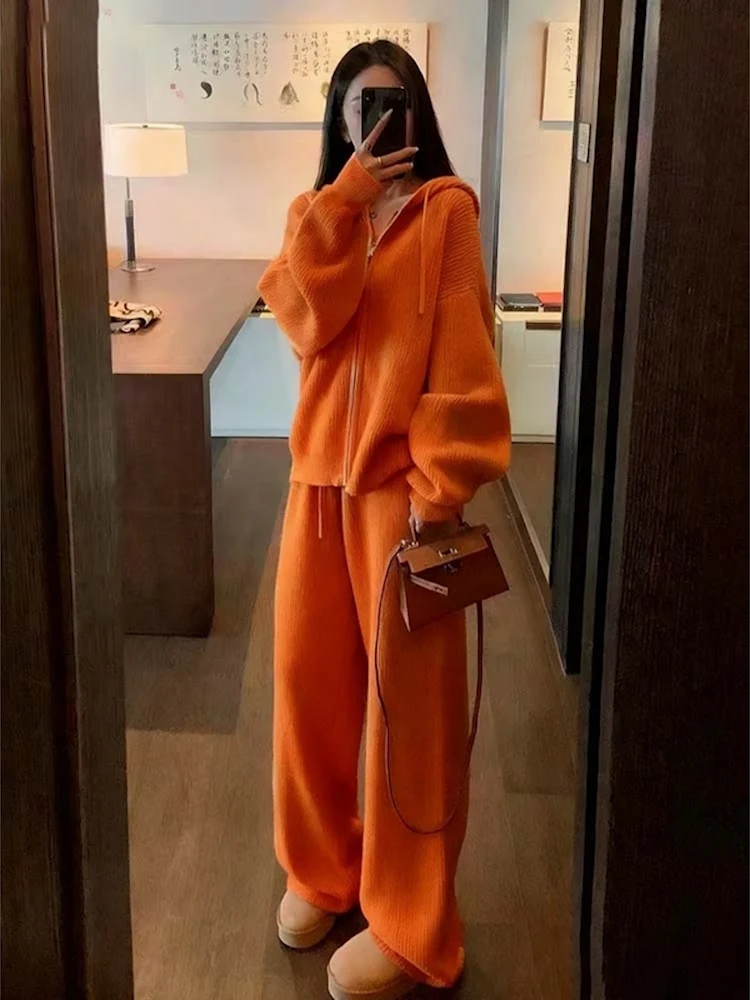 

plus Size Casual Sportswear Set Women Winter Loose Slimming Korean Fashion Outerwear Top Wide Leg Pants Two Piece Set