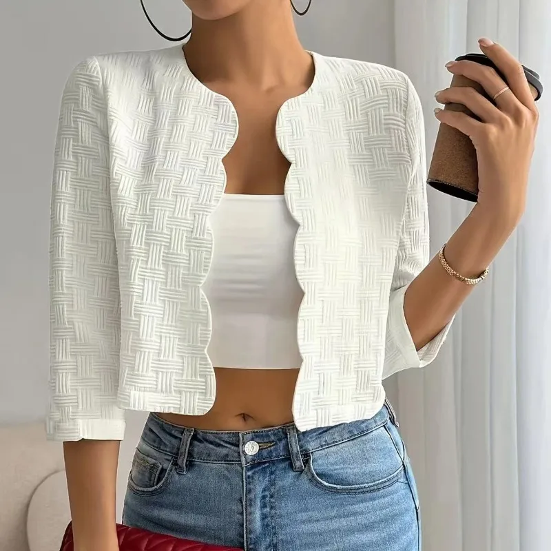 Women Spring Autumn Fashion Slim Fit Versatile Cropped Crew Neck Cardigan 3 4 Sleeve Korean Style Outerwear Top