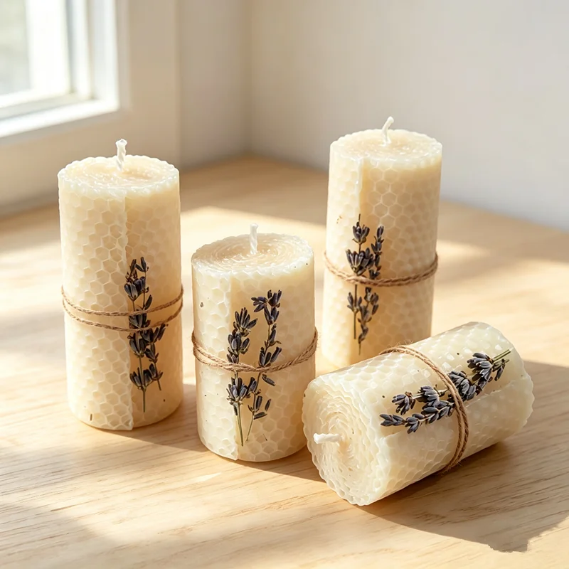 4 Pieces Handmade Honeycomb Beeswax Candles with Lavender Flower Long Lasting Clean Burning Table Decor Candle Gift Box