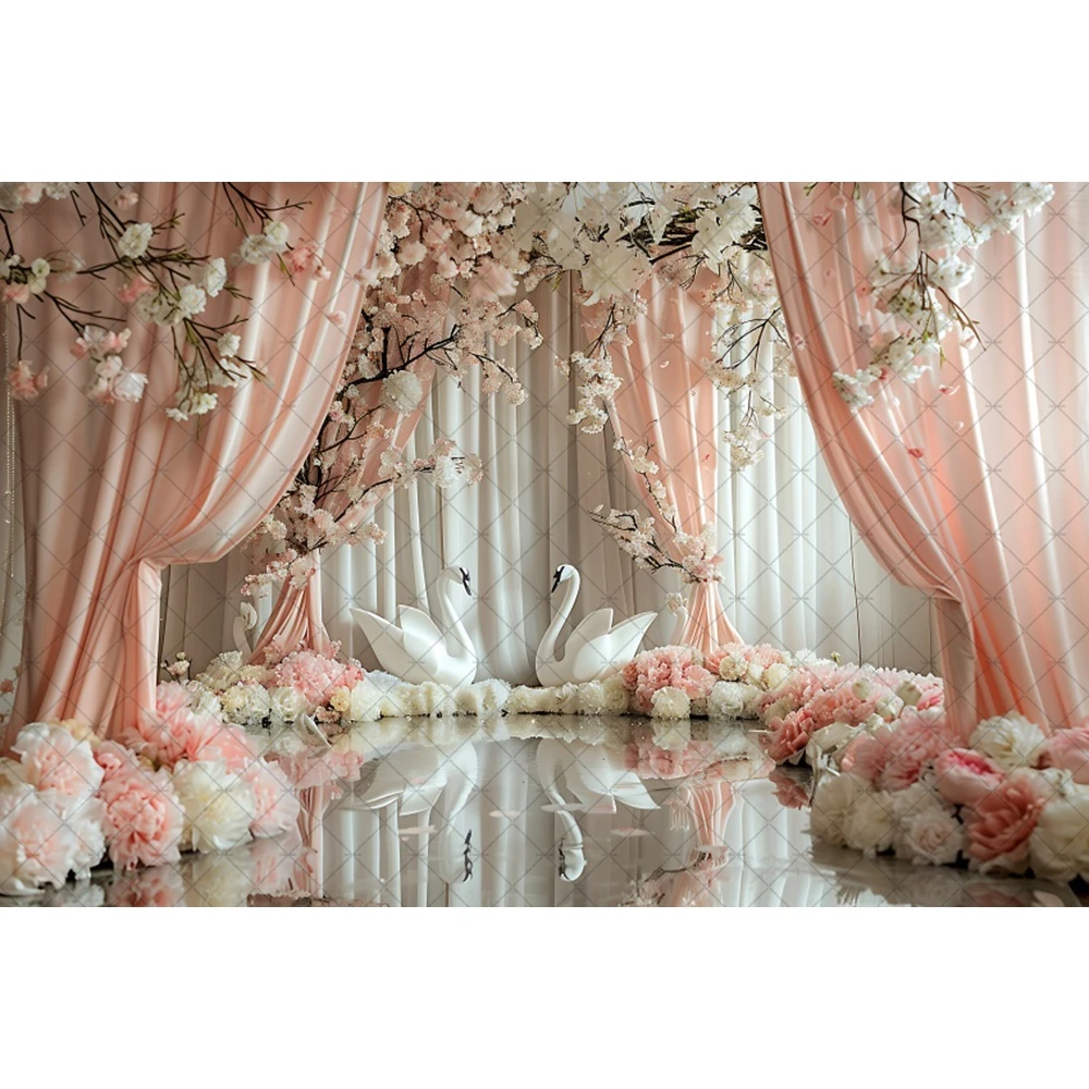 White Swan Floral Curtain Photography Background Girls Birthday Party Cake Smash Portrait Decor Backdrop Photo Studio