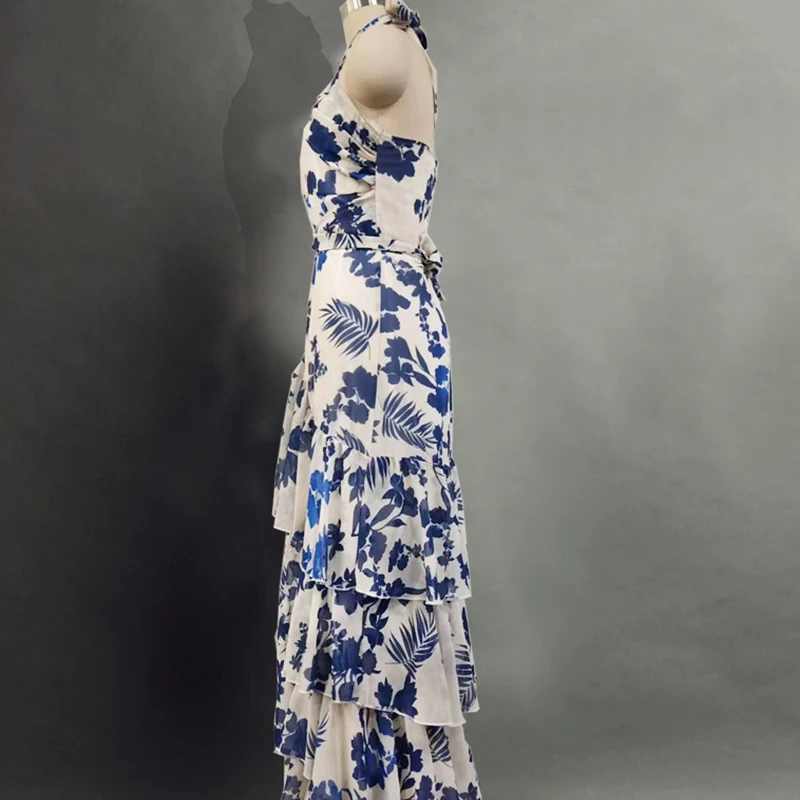 Impressão feminina verão vestido longo halter sem mangas cintura alta praia vestido de verão fora do ombro oco para fora em camadas maxi vestidos femininos