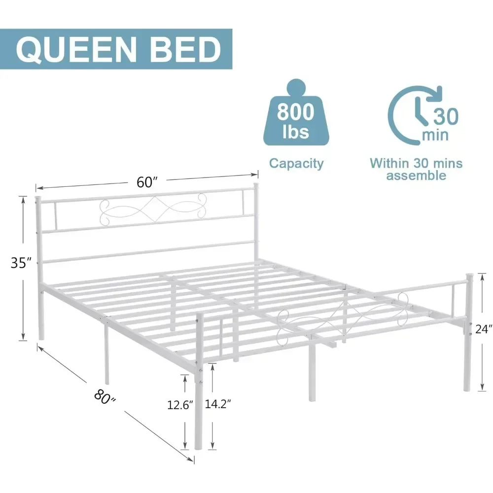 White Queen Size Bed Frame with Headboard/Metal Platform Base/Mattress Foundation/Steel Slat Support/No Box Spring Needed