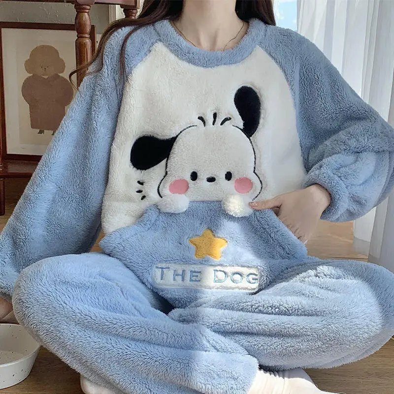 Pajamas Pochacco Women's Autumn Winter Thickened Velvet Coral Velvet Can Be Worn Outside Cartoon Flannel Home Clothes Set Cute