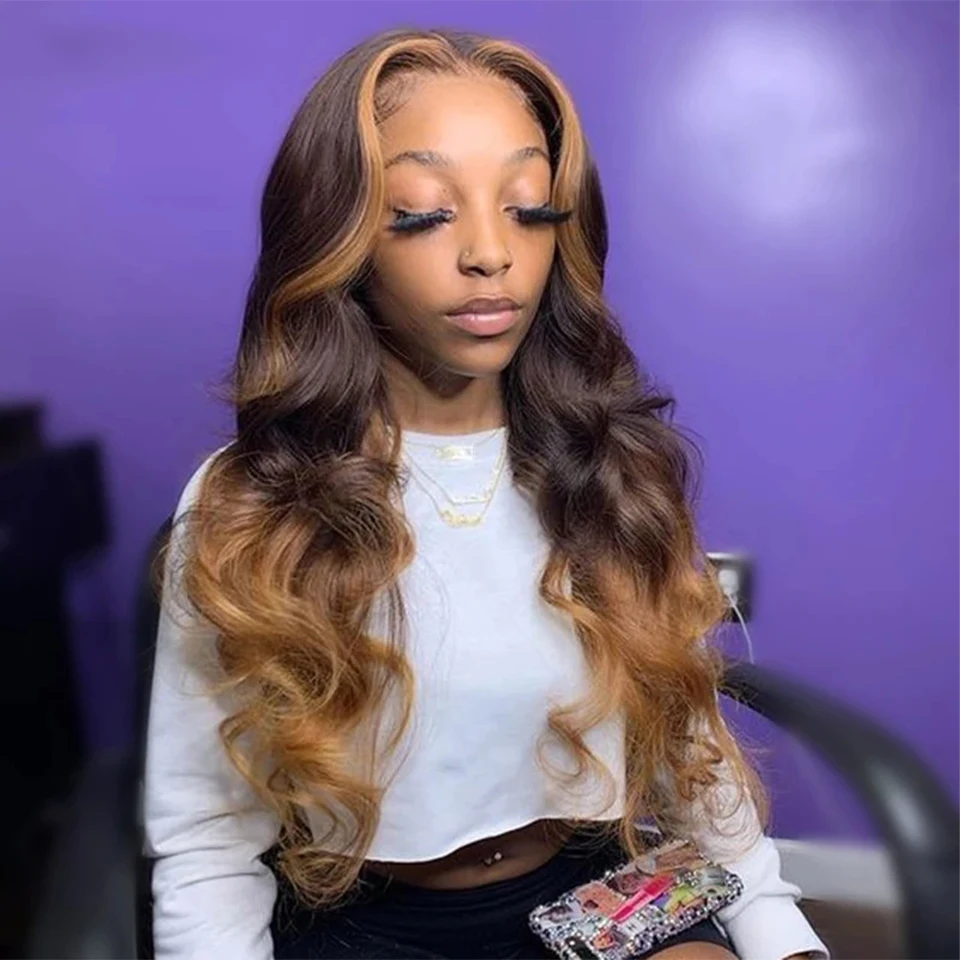 Ombre castanho colorido corpo onda penteado perucas de cabelo humano para mulheres negras, brasileiro, pré-arrancado, 4x4 lace closure wig, lixívia nós