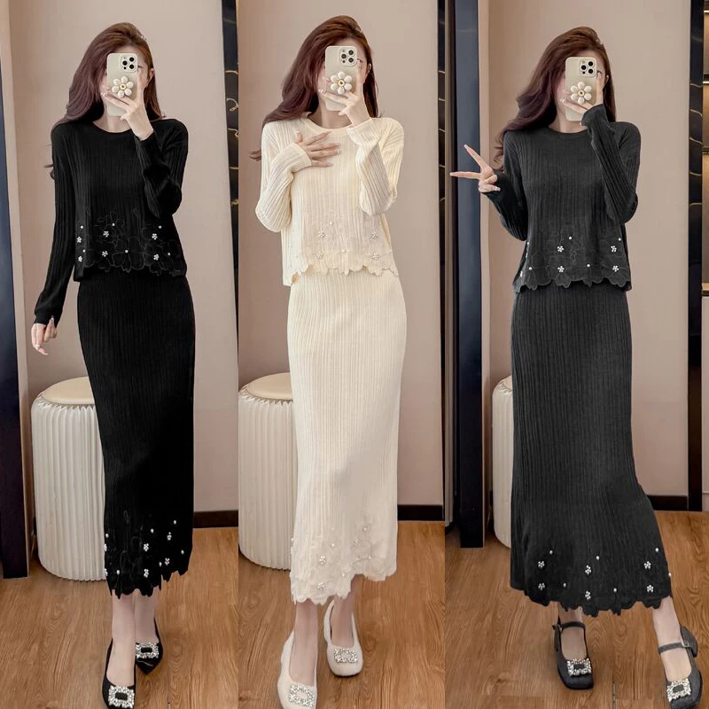 Wool Silk Knit Embroidery Beaded Long Sleeve Sweater and Maxi Skirt Set for Women Fall 2026 New Design Two-Pieces Suit