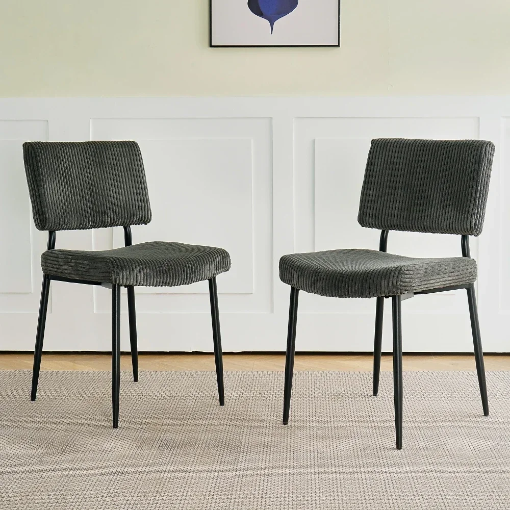 Modern Grey Simple Dining Chair Fabric Upholstered Chairs Home Bedroom Stool Back Dressing Chair Black Metal Legs(set of 2)