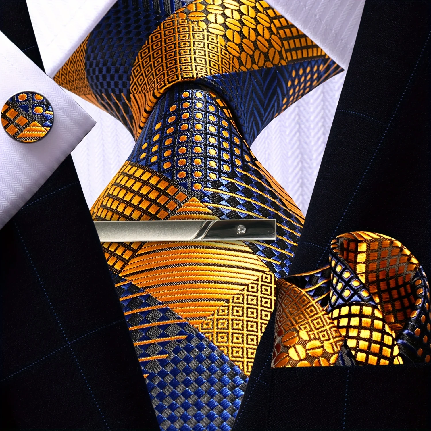 

And Clip Set. Men'S Golden Plaid Tie Set with Handkerchief Clip, Blue Necktie Set for Weddings, Parties, And Business