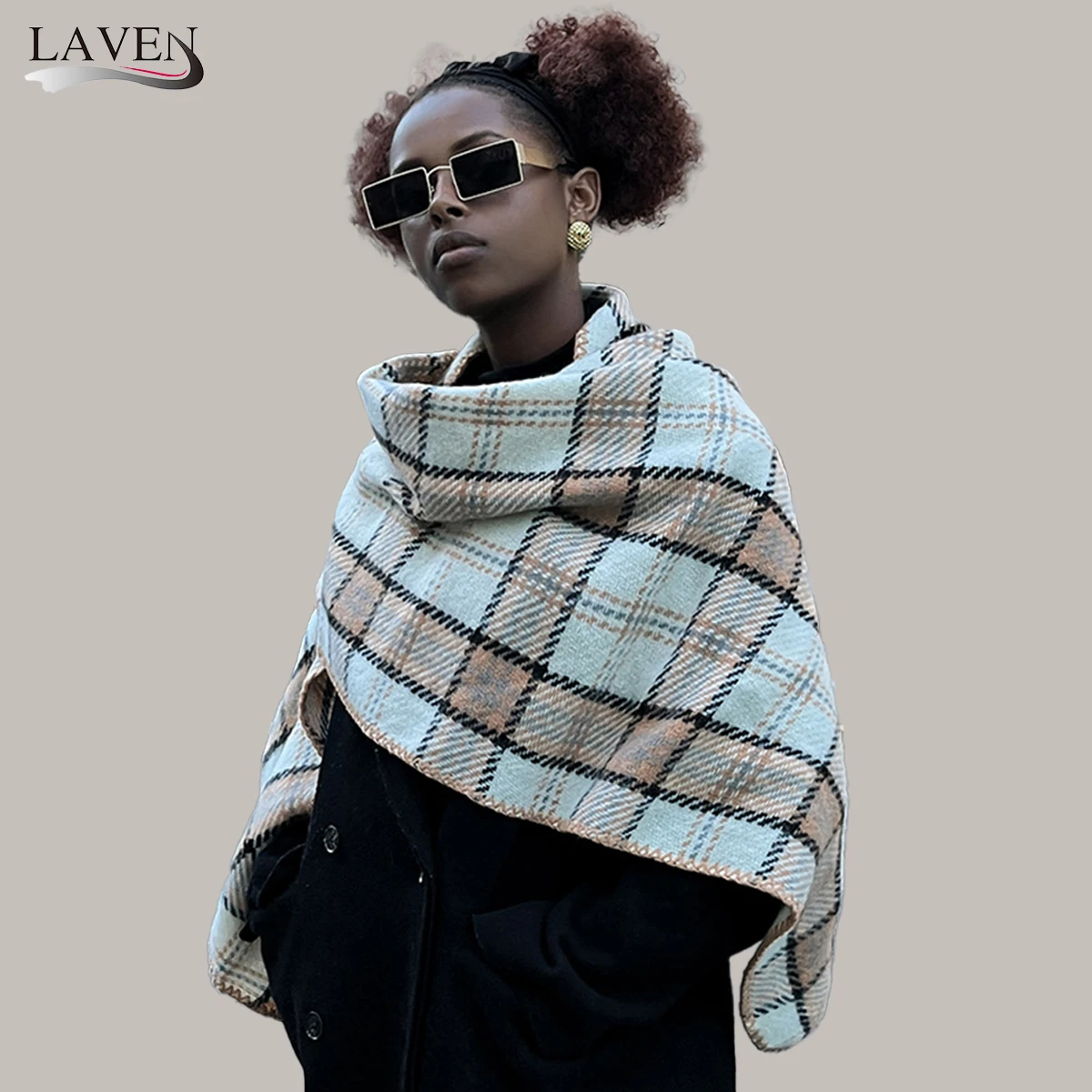 

Шаль из пашмины в клетку с принтом, треугольный шарф для женщин, осенне-зимняя теплая накидка, толстый кашемир, как палантины, шарфы, глушитель