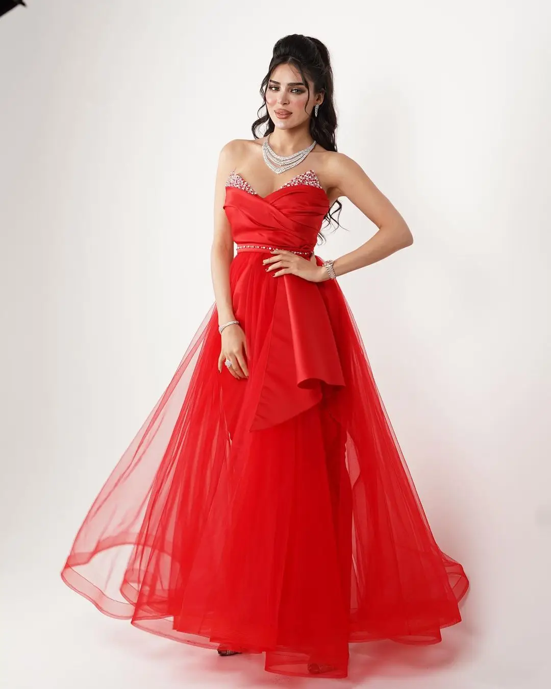 

Red Beads Tulle Evening Dresses 2023 A-Line Prom Dresses Sweetheart Saudi Arabia Party Gown Vestidos De فساتين مناسبة رسمية