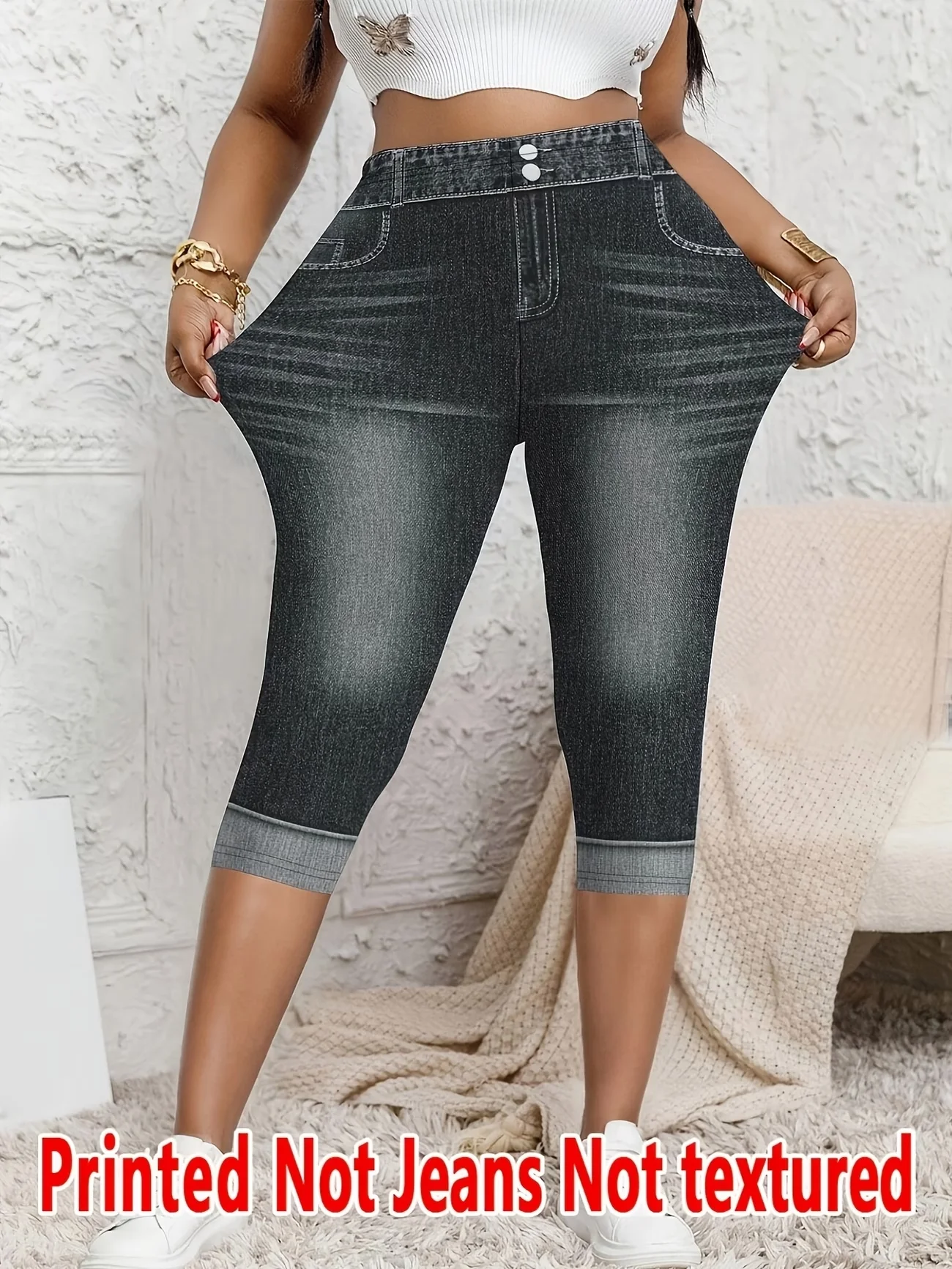Printed Leggings, Not Denim Fabric, Fake Pocket & Button Print Capri Pants, High‑Stretch New Fashion Skinny Pants7