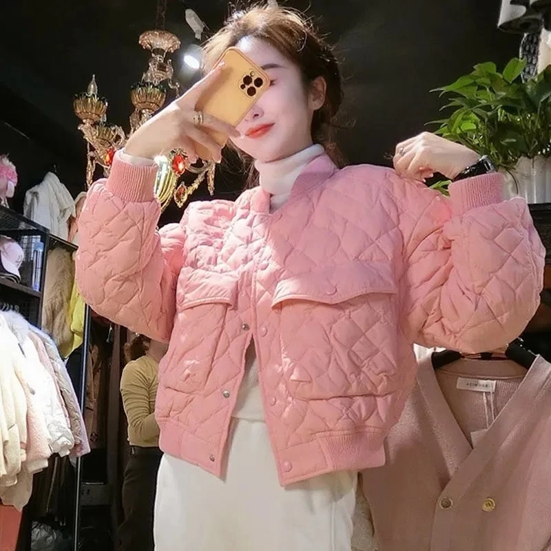 

Pink Cotton Padded Clothes Coats Women Winter Casual Patchwork Pocket Lingge Jackets Loose Stand Collar Baseball Outerwear