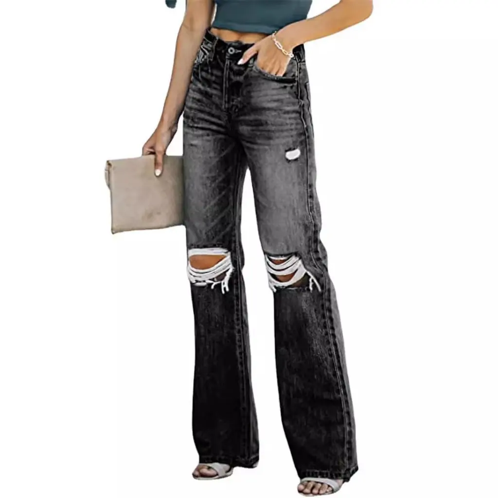 

Повседневные джинсовые брюки с высокой талией и дырками для женщин, летняя мода, европейский и американский стиль