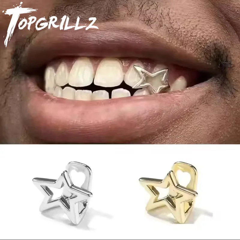 TOPGRILLZ Halloween Unregelmäßige Hohl Pentagramm Stern Zähne Grillz Hip Hop Gold Silber Farbe Zahn Kappen Für Frauen Männer Schmuck