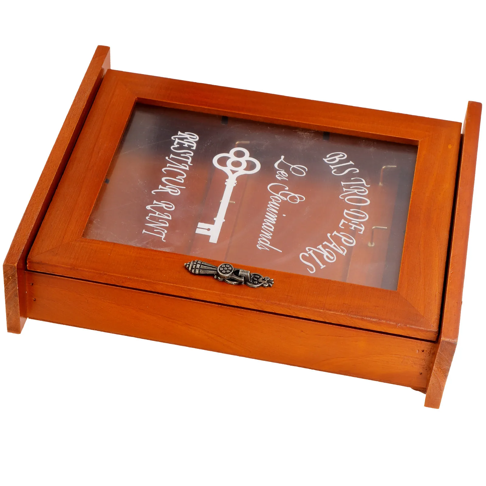 Handcrafted Wall Mounted Key Cabinet with Elegant Ethnic Design Brass Knob 6 Hooks Decorative Key Holder Cabinet