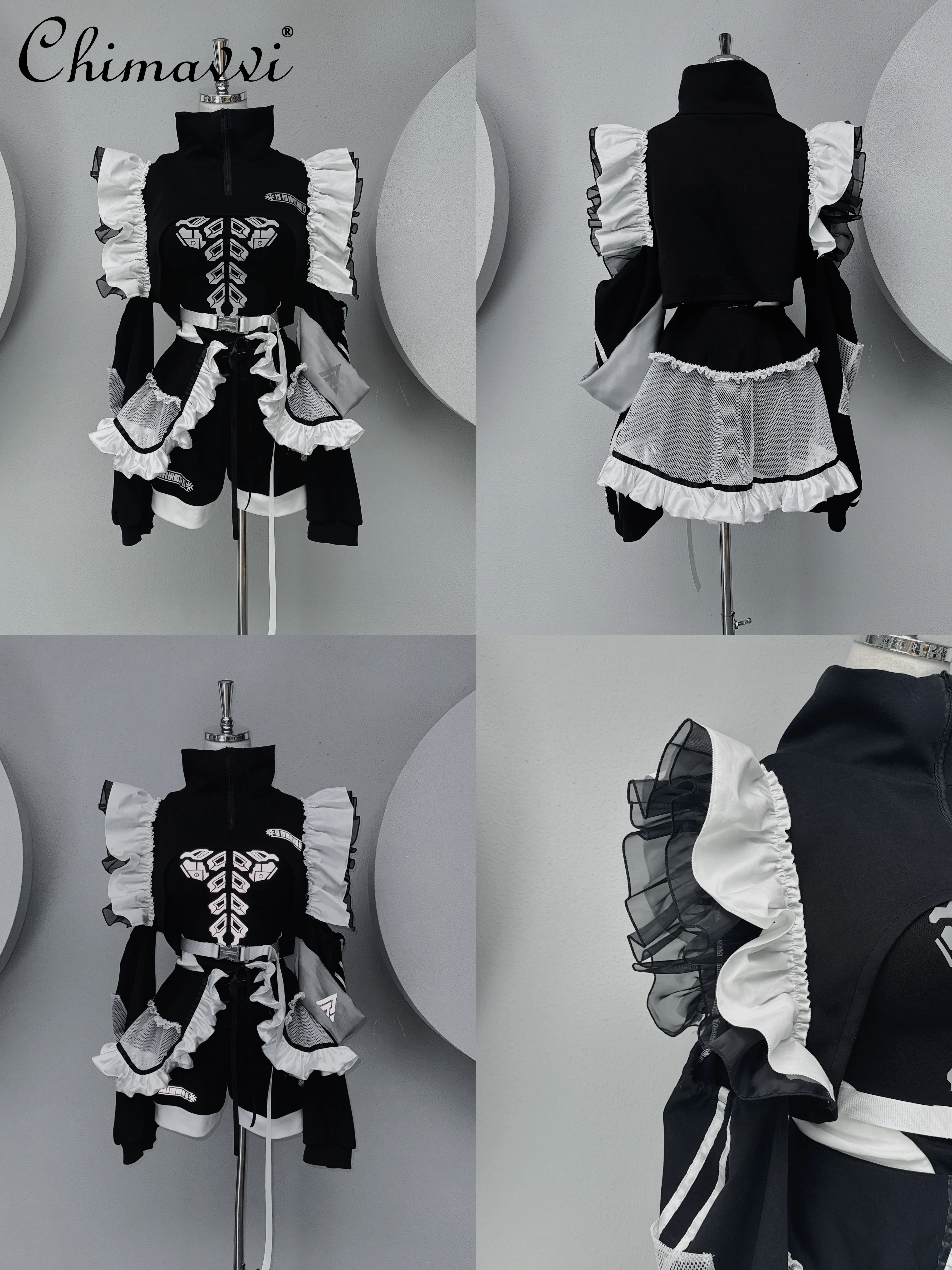 

Japanese Mechanical Style Water Color Three-piece New Autumn Punk Sweet Cool Girl Short Jacket Vest + Shorts Women's Outfits