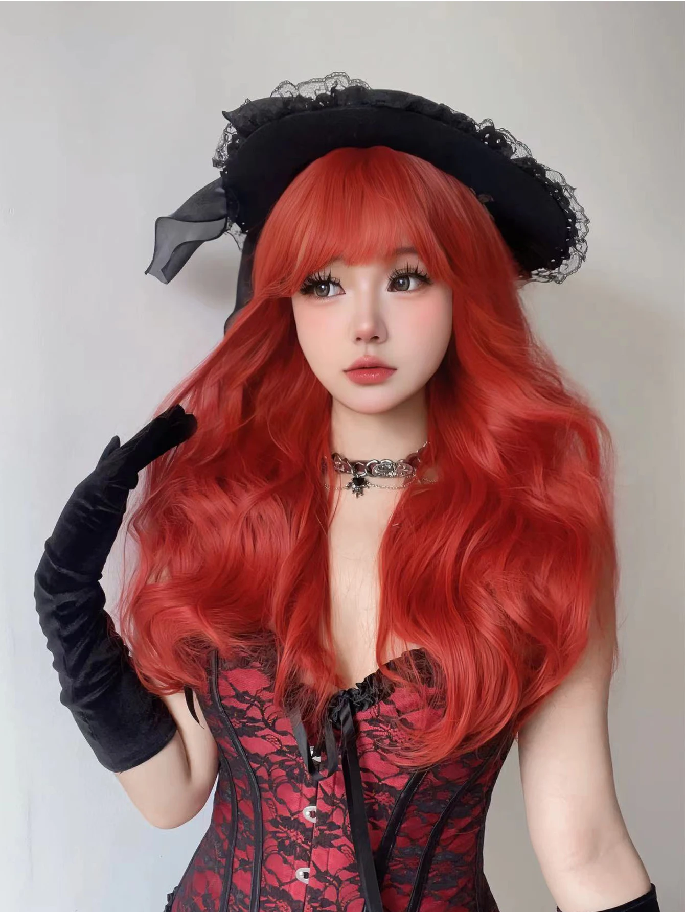 24Inch Red Color Lolita Wizard Synthetic Wigs With Bang Long Natural Wavy Hair Wig For Women Daily Cosplay Party Heat Resistant