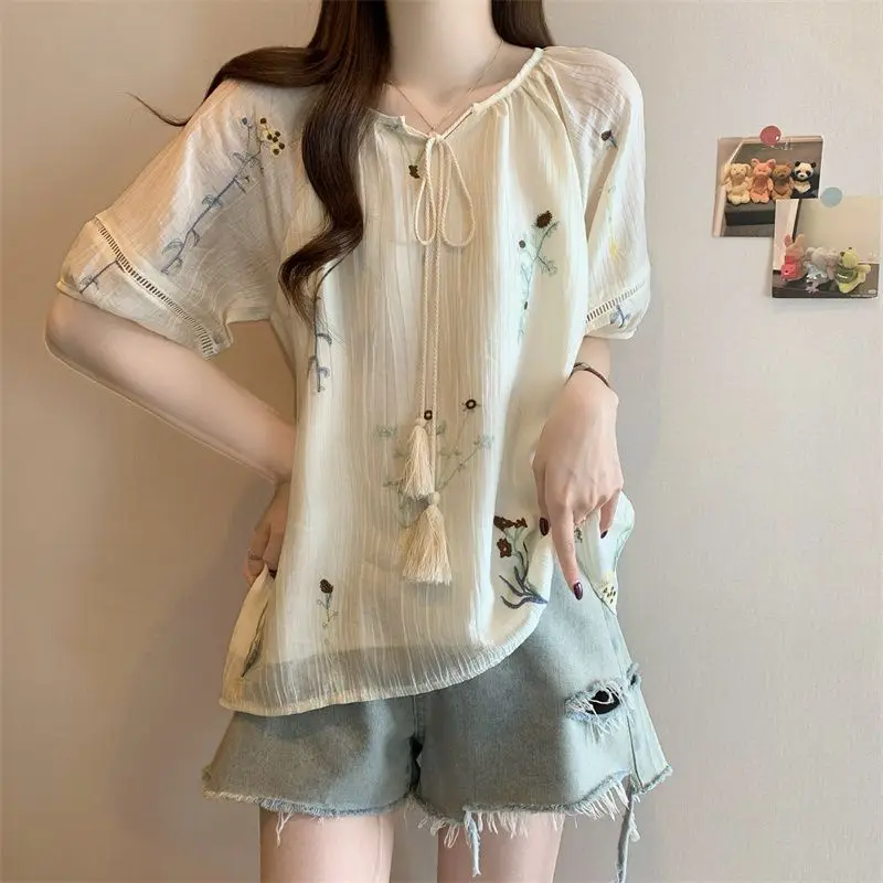 Women's Unique Chic 2026 Summer New Top Chinese Style Ancient Embroidery Short Sleeve Loose Fit Vacation Shirt Trendy 4