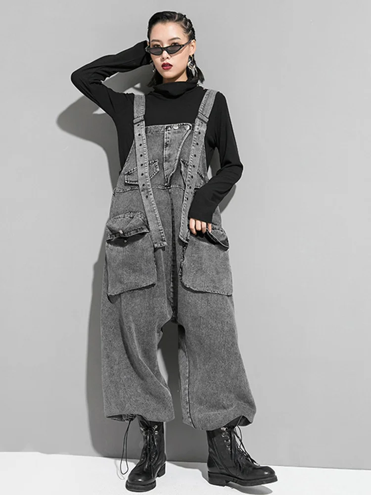 EAM High Waist Black Pocket c Denim Overalls Trousers New Loose Fit Pants Women Fashion Tide Spring Autumn 2025 1K164