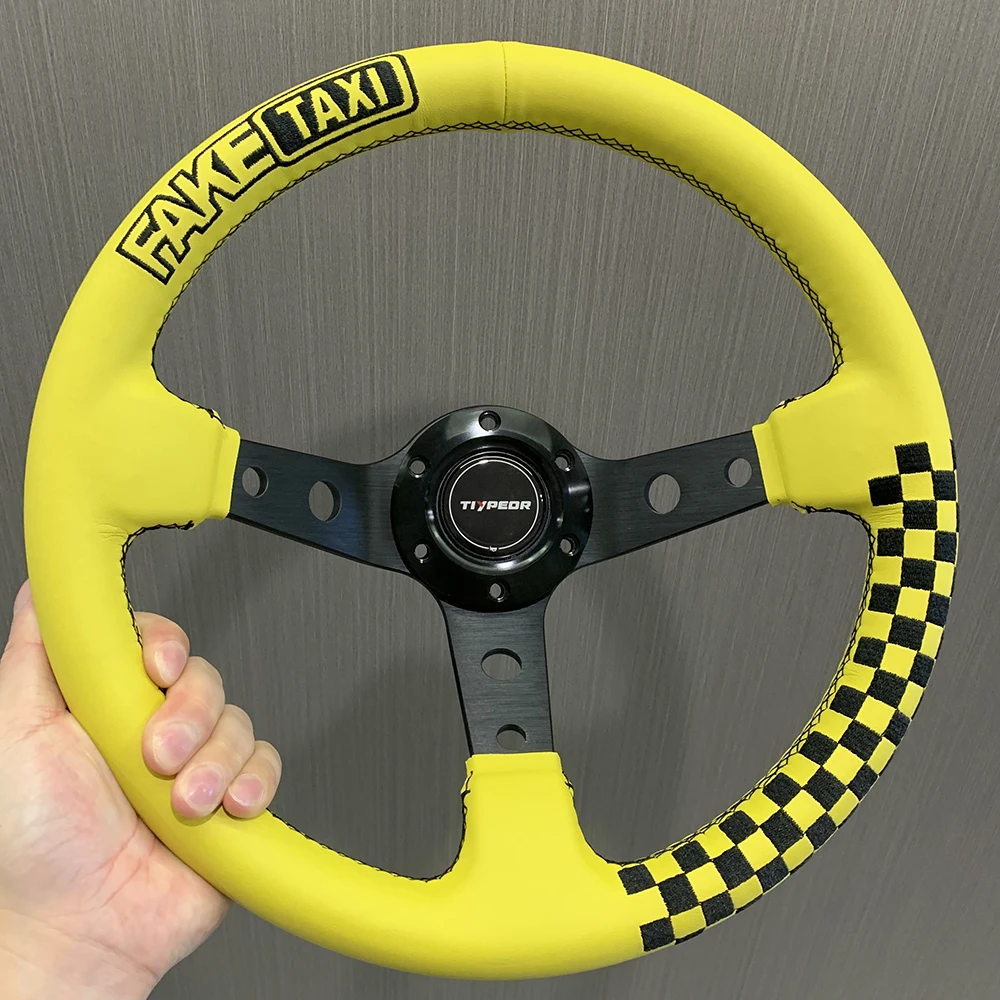 

Leather JDM Style Series Yellow FAKE TAXI Embroidery Custom Steering Wheel