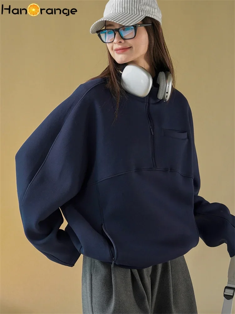 HanOrange 2025 Early Spring Fashion Half Turtleneck Air Layer Pullover Sweatshirt Women Loose Casual Top Grey/Navy Blue