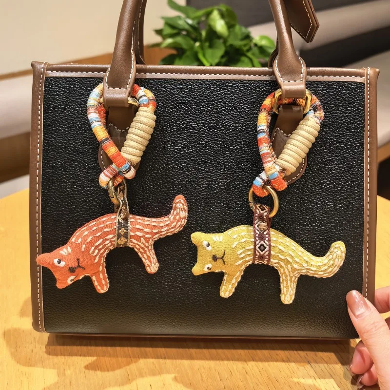 Vintage Distressed Fox Fabric Keyring Ethnic Stitch Bag Charm Handmade Retro Pendant for Purse Backpack Premium Quality Fashion