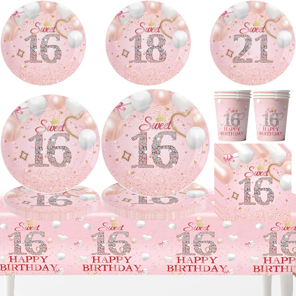 Pink 18 years old 21th Birthday Coming of Age Ceremony Party supplies Girl Birthday decoration anniversaire fille Tableware