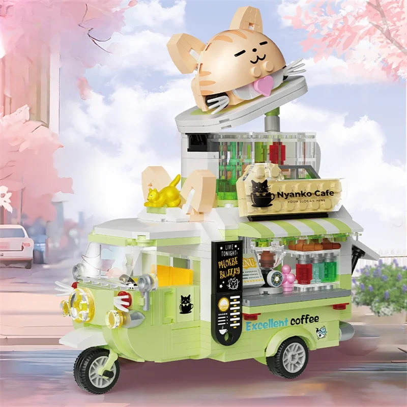 Cute Cartoon Cat Building Block Car Puzzle Assembly Toy Flowers Coffee Hamburger Tricycle Desktop Ornaments Birthday Gift