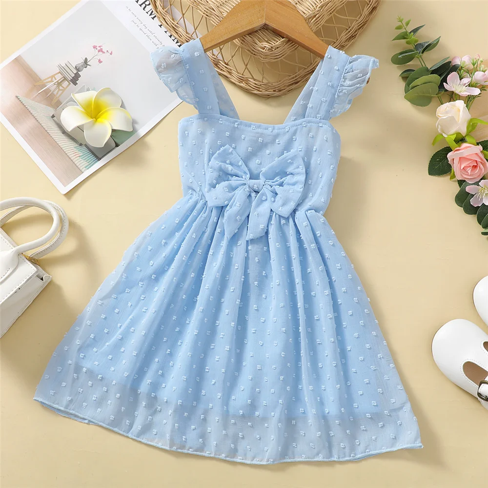 1-6 Year Children\'s Girls Summer Suspender Dress Blue Bow Chiffon Ruffle Fashionable Dress Girls Seaside Vacation Party Dress